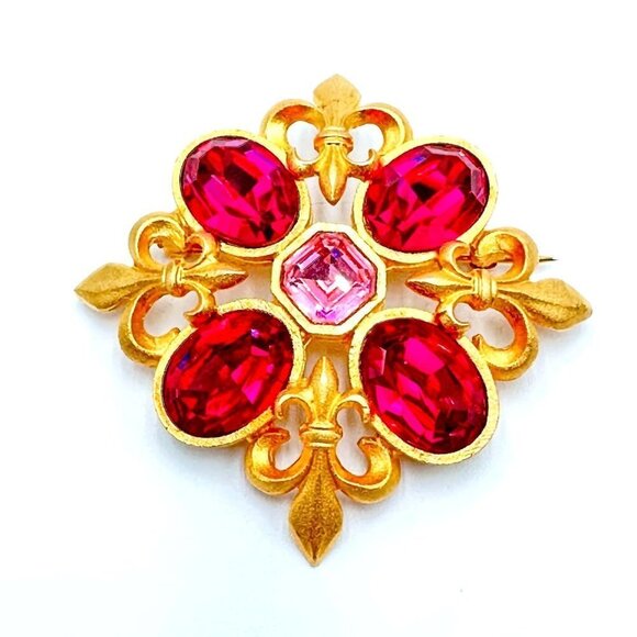 Vintage Jewelry - Vintage 1990s Dark & Light Pink Matte Gold Tone Maltese Cross 2" Brooch Pin